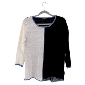 Pure Amici 100% Linen Black Cream Blue Colorblock Minimalist Knit Top M